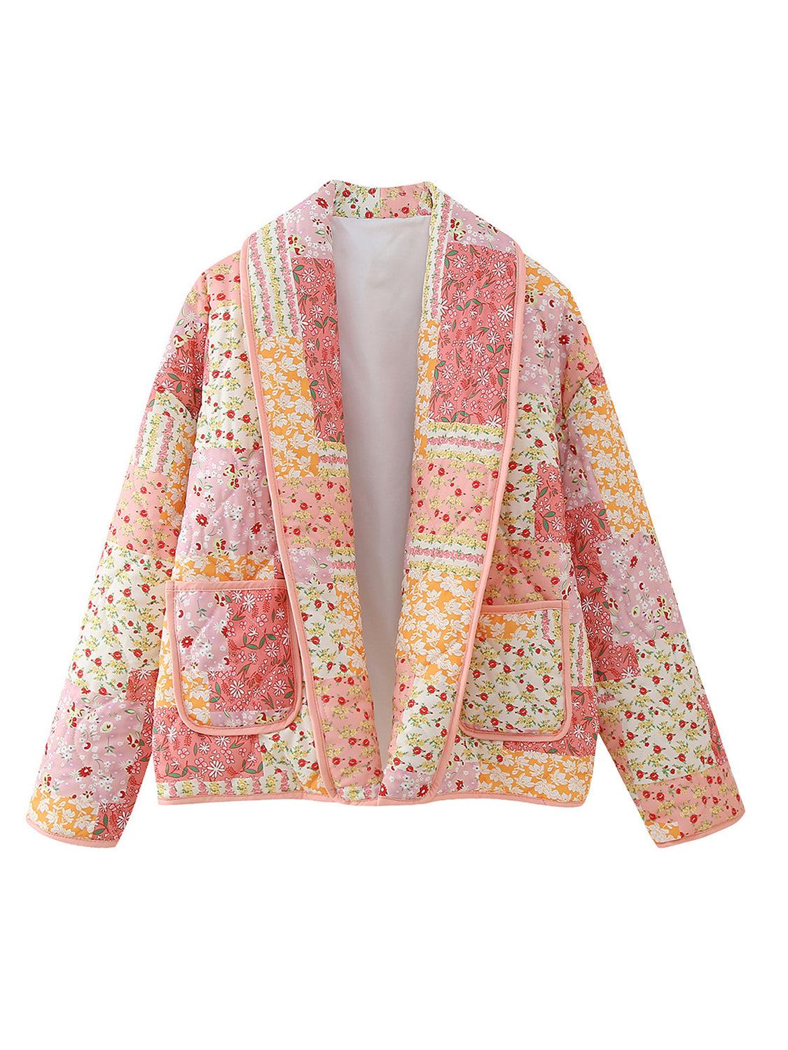Printed Patchwork Open Front Cardigan with Pockets-Angel Casuals