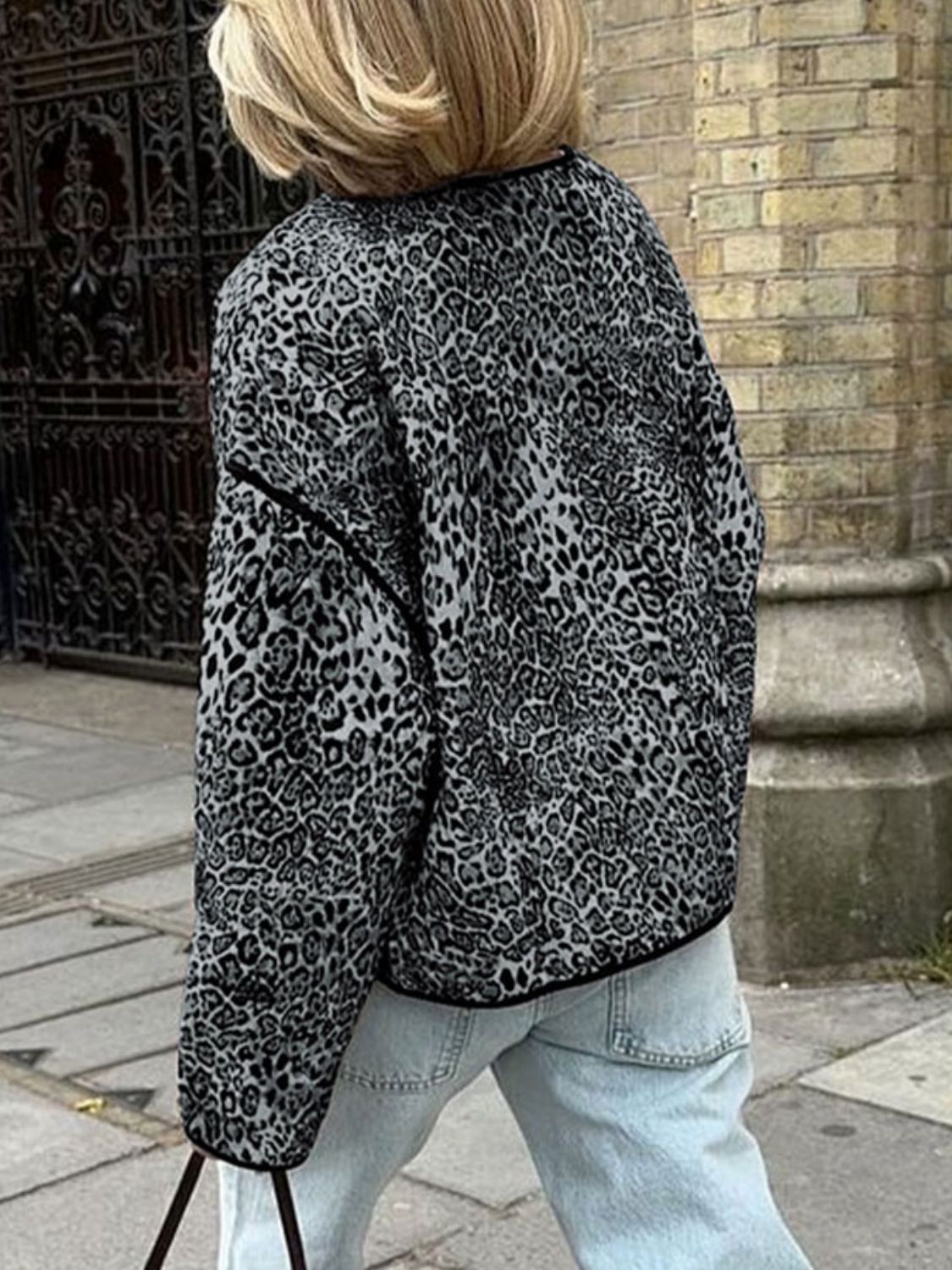 Perfee Leopard Open Front Long Sleeve Jacket-Angel Casuals