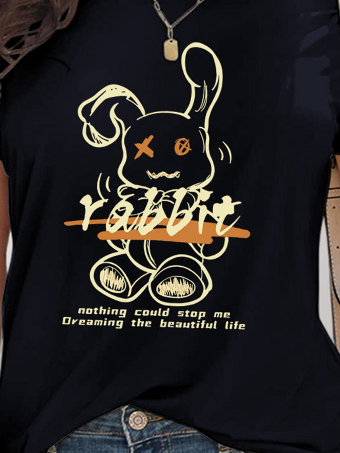 Rabbit Graphic Round Neck Short Sleeve T-Shirt-Angel Casuals