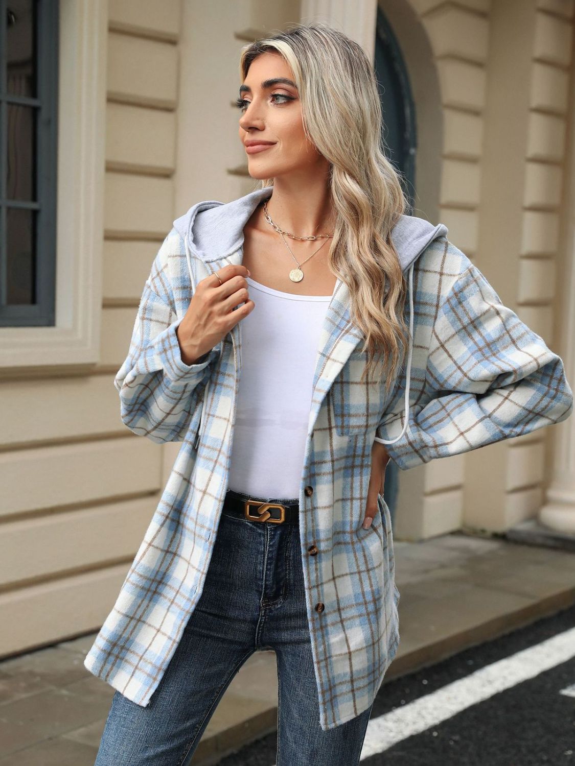 Drawstring Plaid Button Up Hooded Jacket-Angel Casuals