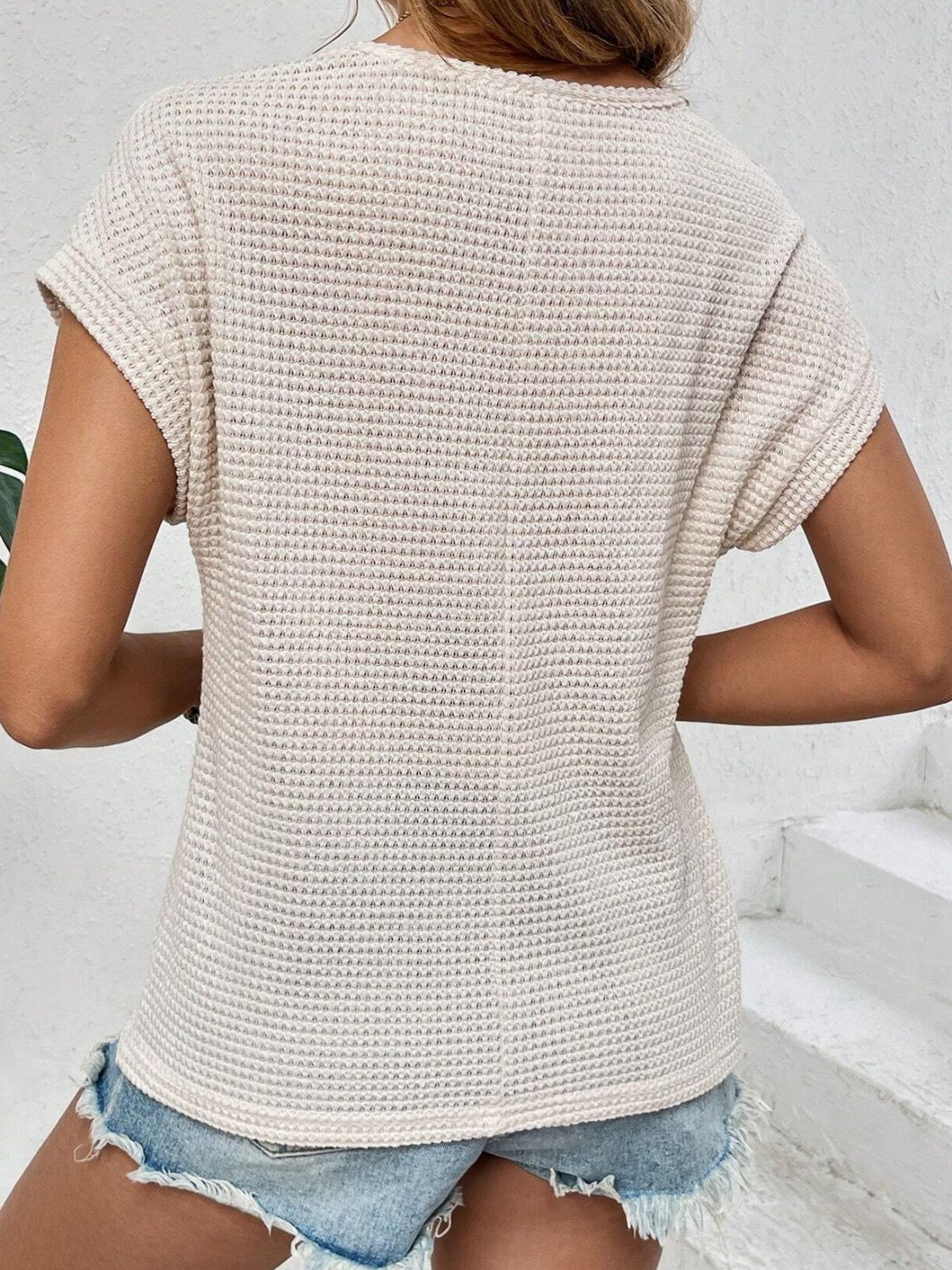 Waffle-Knit Round Neck Short Sleeve Top-Angel Casuals