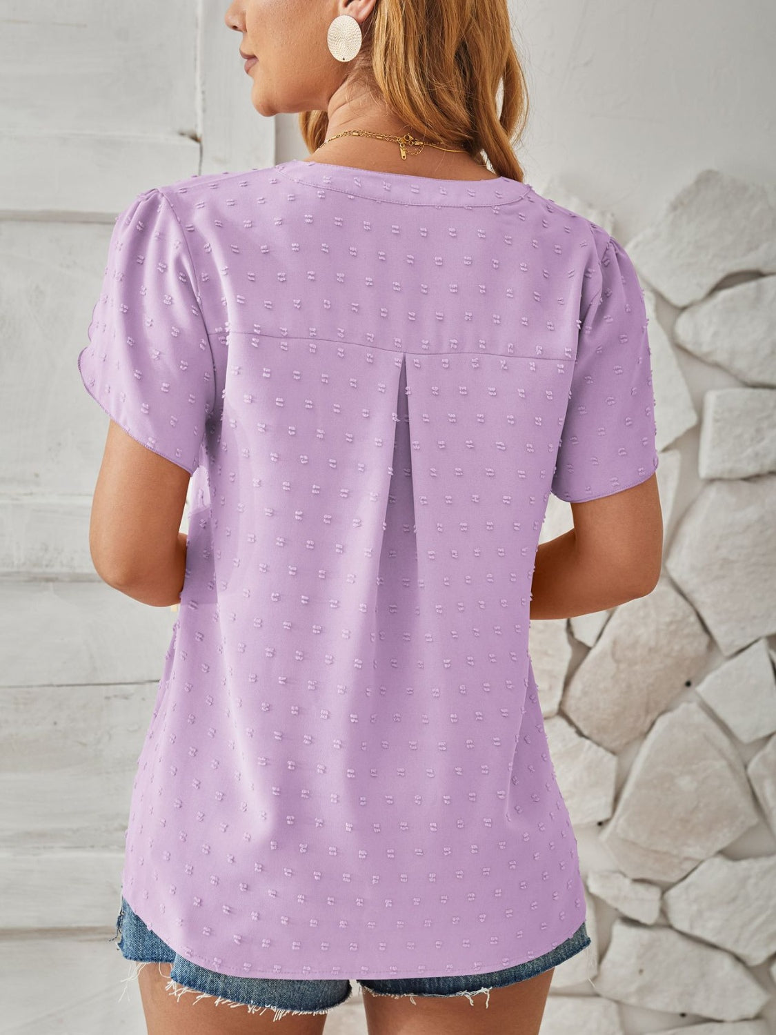 Swiss Dot Notched Petal Sleeve T-Shirt-Angel Casuals