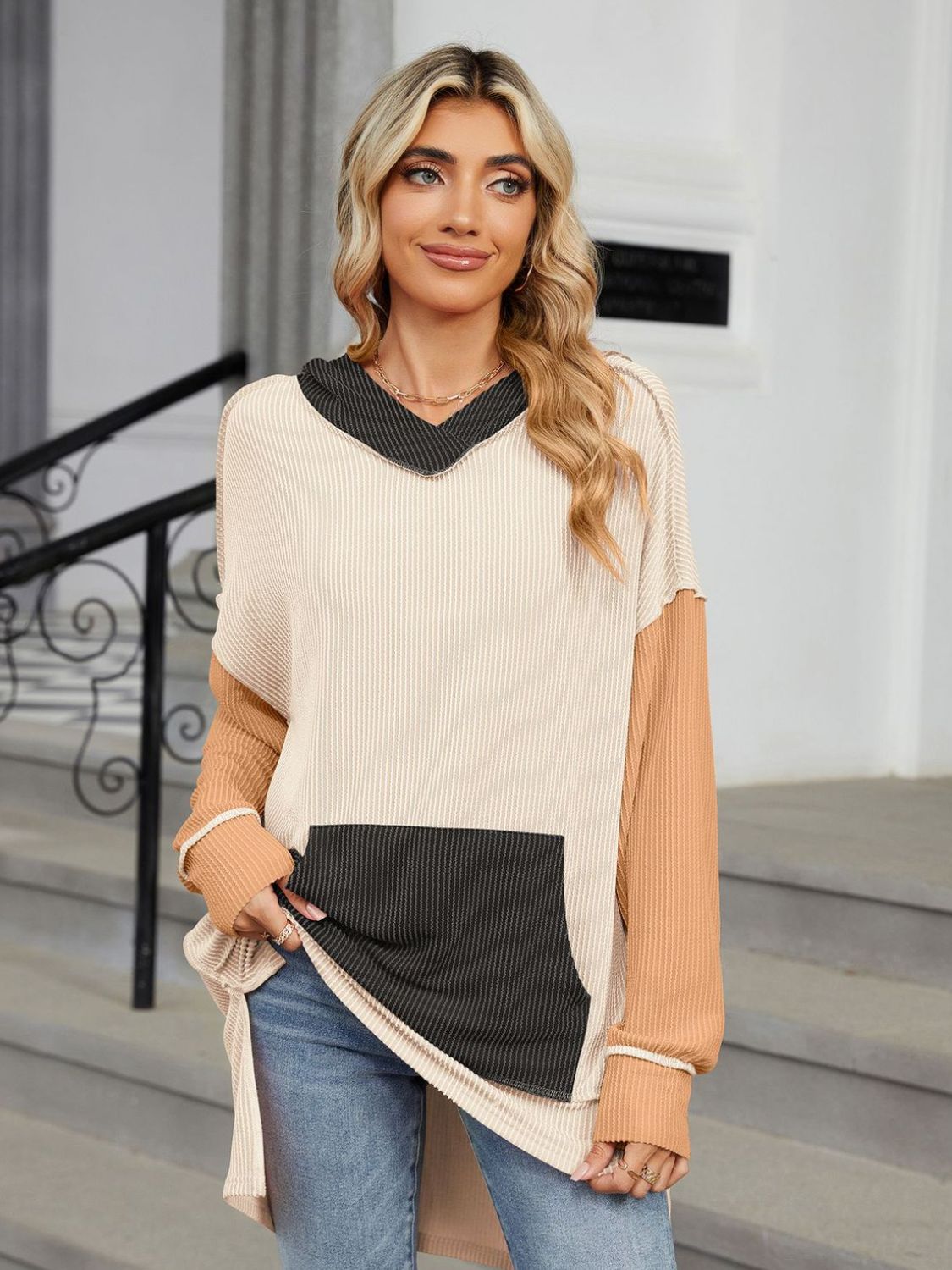 Double Take Contrast Hooded Long Sleeve Top-Angel Casuals