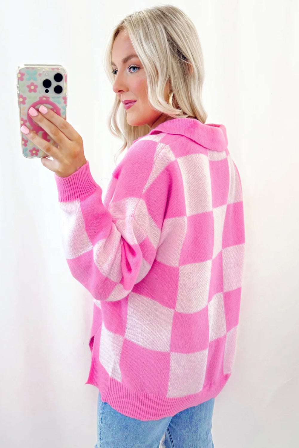 Slit Checkered Half Button Long Sleeve Sweater-Angel Casuals