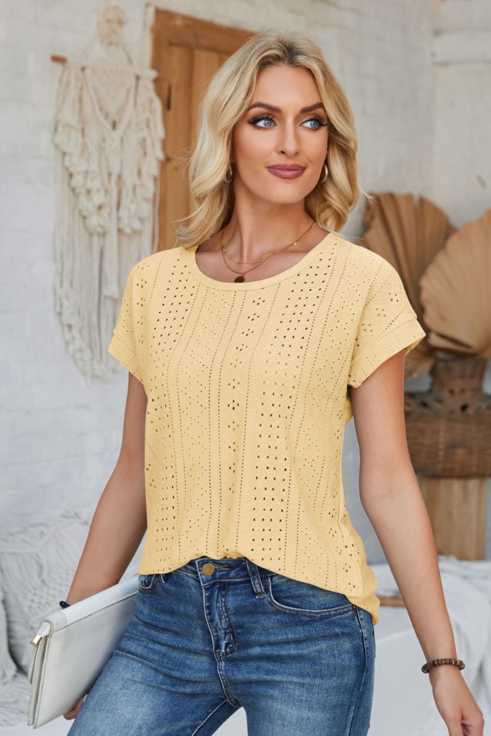 Eyelet Round Neck Rolled Short Sleeve T-Shirt-Angel Casuals