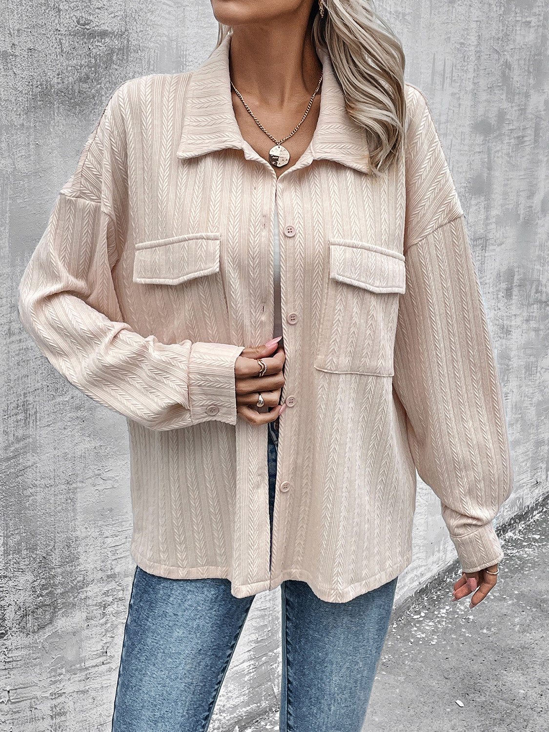 Pocketed Button Up Dropped Shoulder Jacket-Angel Casuals