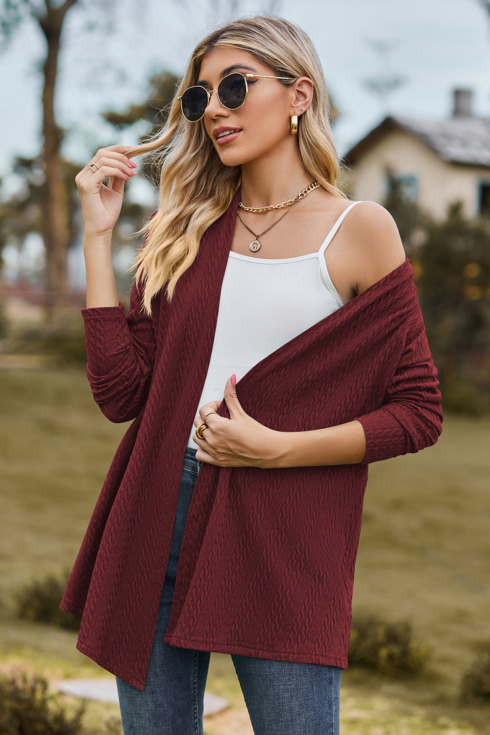 Textured Open Front Long Sleeve Cardigan-Angel Casuals
