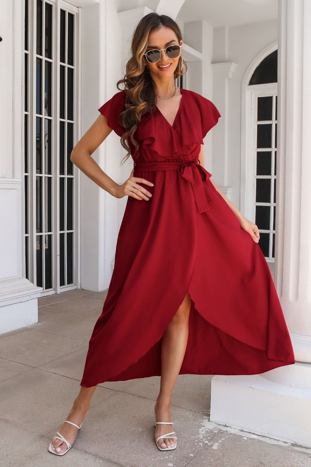 Ruffled Surplice Tie Waist Slit Midi Dress-Angel Casuals