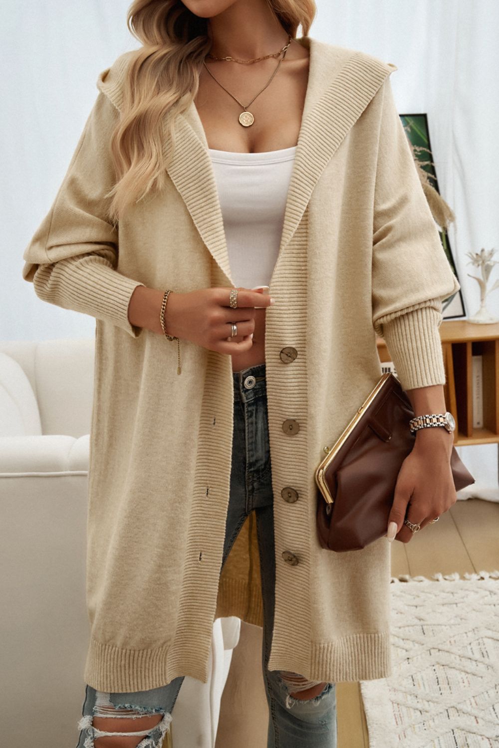 Devine Button Up Long Sleeve Hooded Cardigan-Angel Casuals