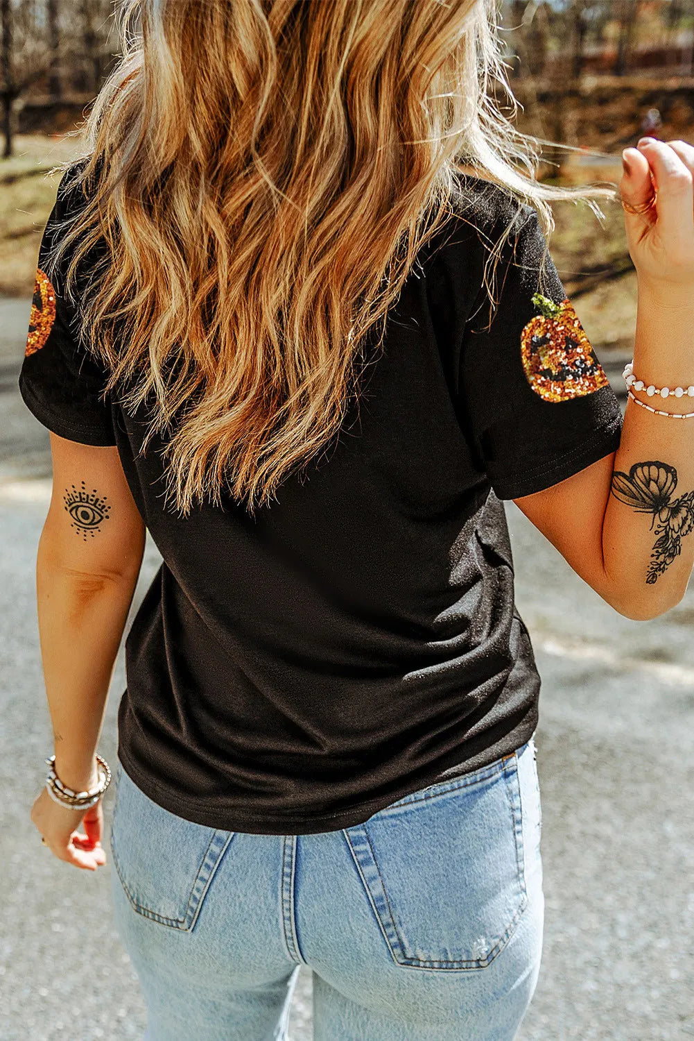Sequin Pumpkin Round Neck Short Sleeve T-Shirt-Angel Casuals
