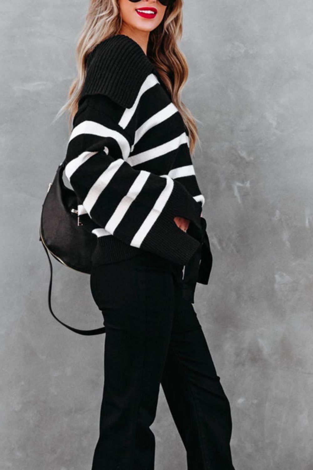 Striped Johnny Collar Long Sleeve Sweater-Angel Casuals