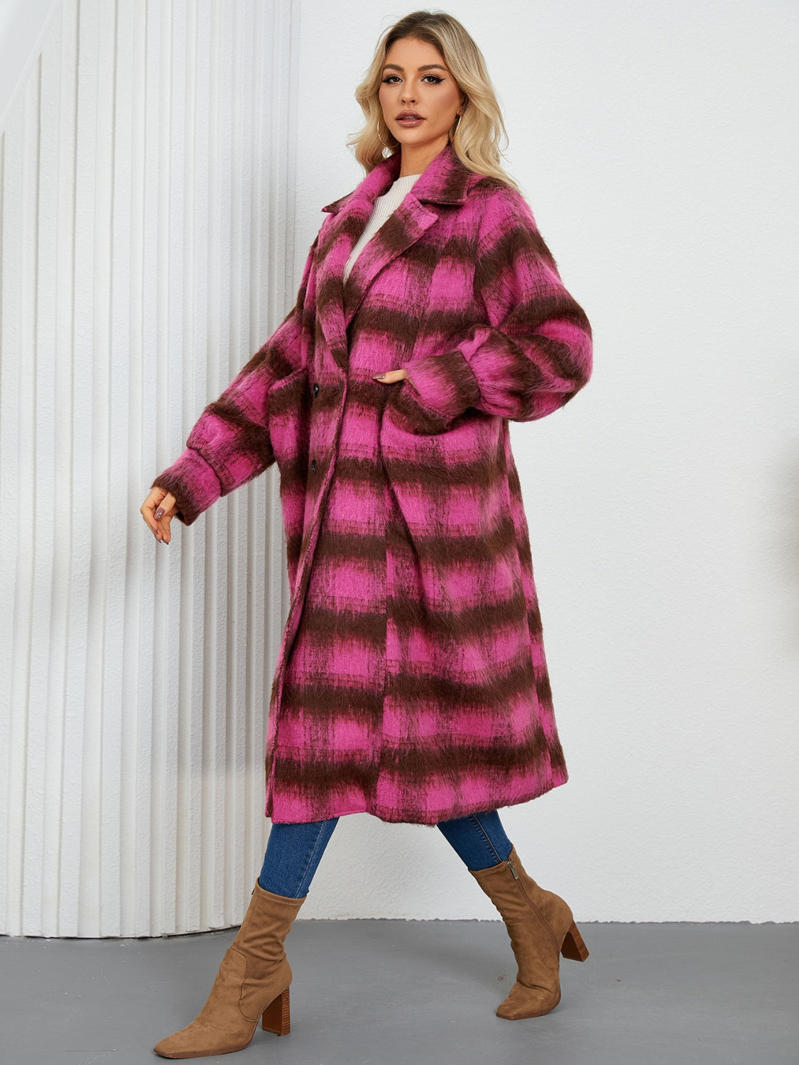 Contrast Double-Breasted Long Sleeve Longline Coat-Angel Casuals
