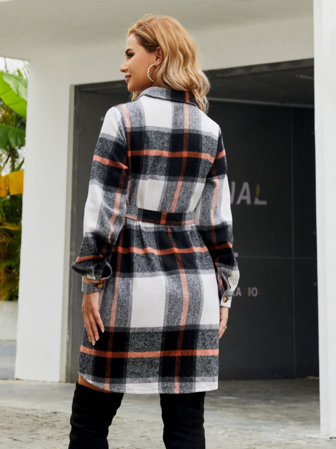 Plaid Belted Collared Neck Button Up Jacket-Angel Casuals