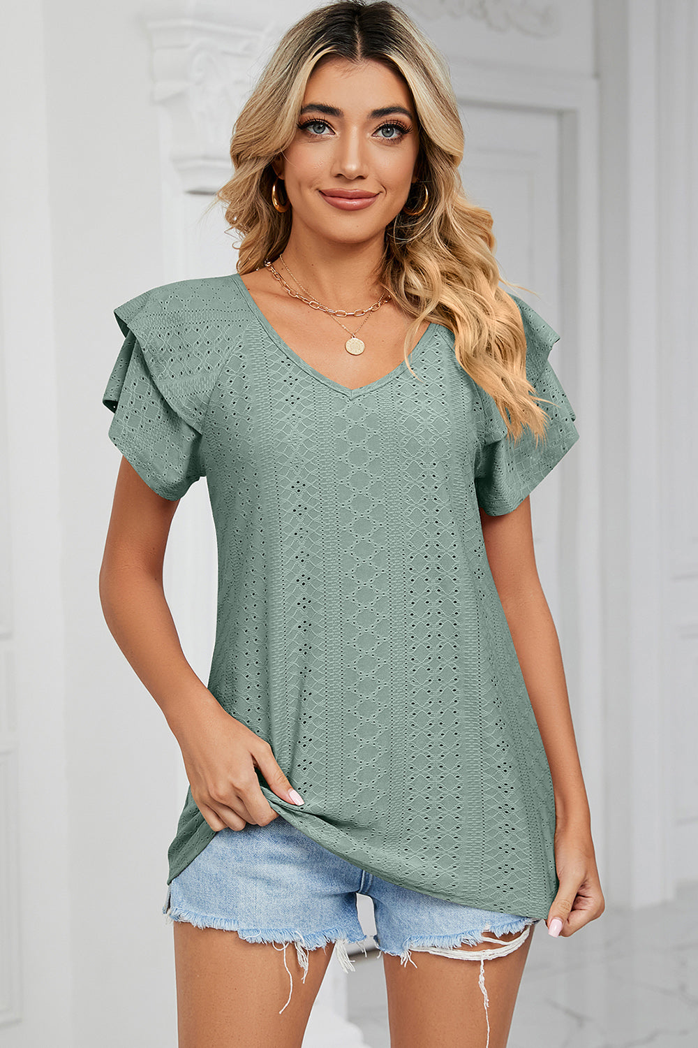 Eyelet V-Neck Short Sleeve T-Shirt-Angel Casuals