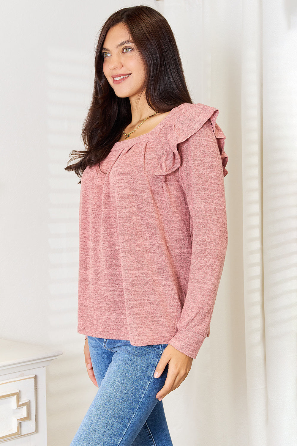 Double Take Square Neck Ruffle Shoulder Long Sleeve T-Shirt-Angel Casuals