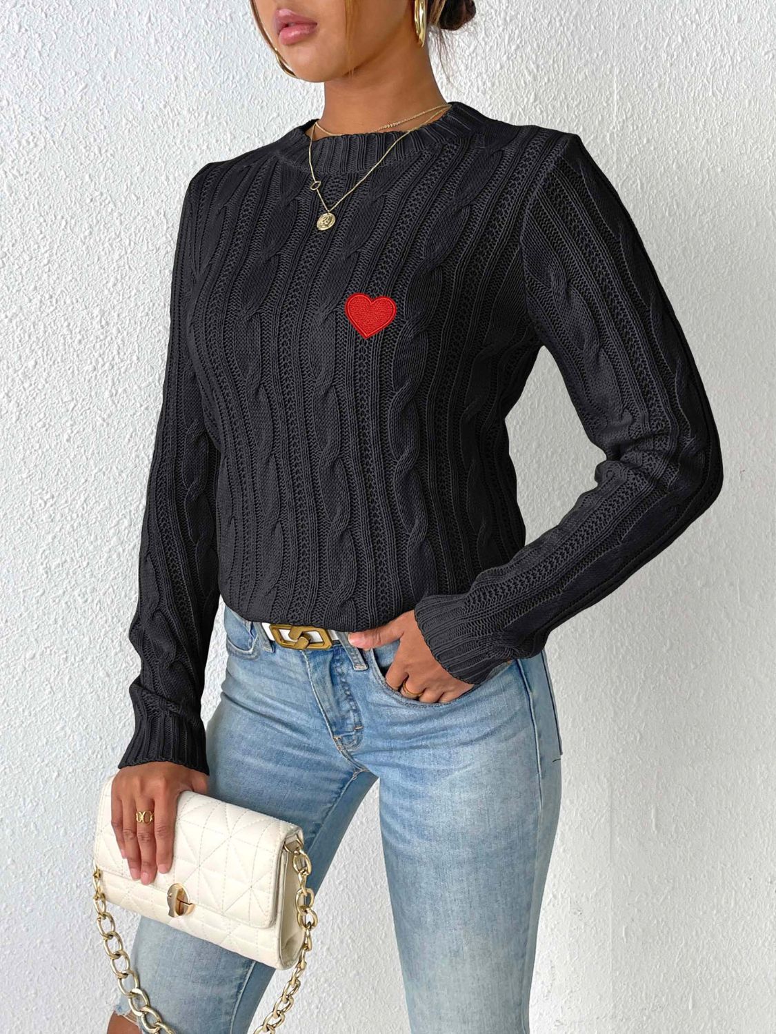 Cable-Knit Heart Round Neck Long Sleeve Sweater-Angel Casuals