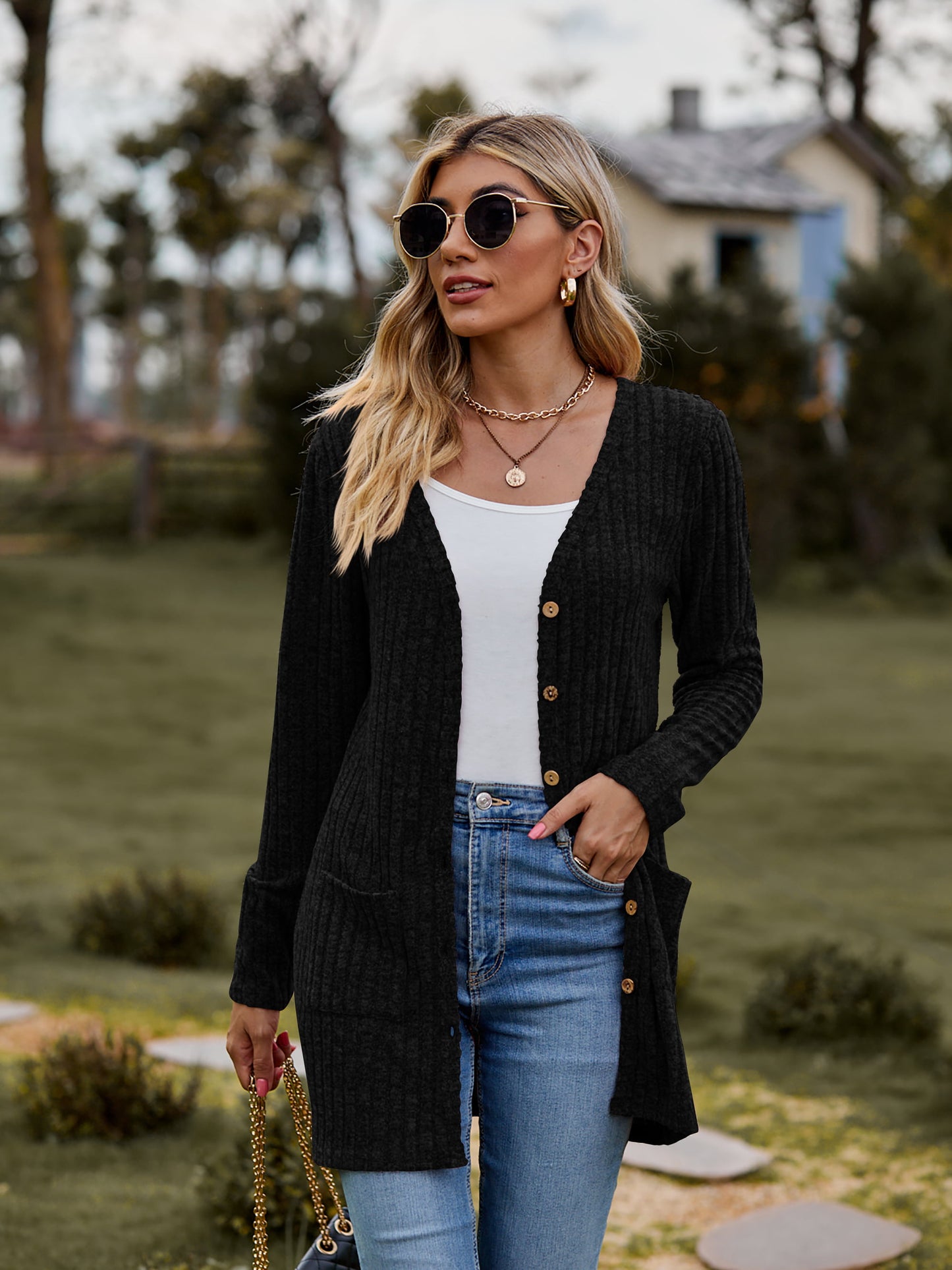 Ribbed Button-Up Cardigan with Pockets-Angel Casuals