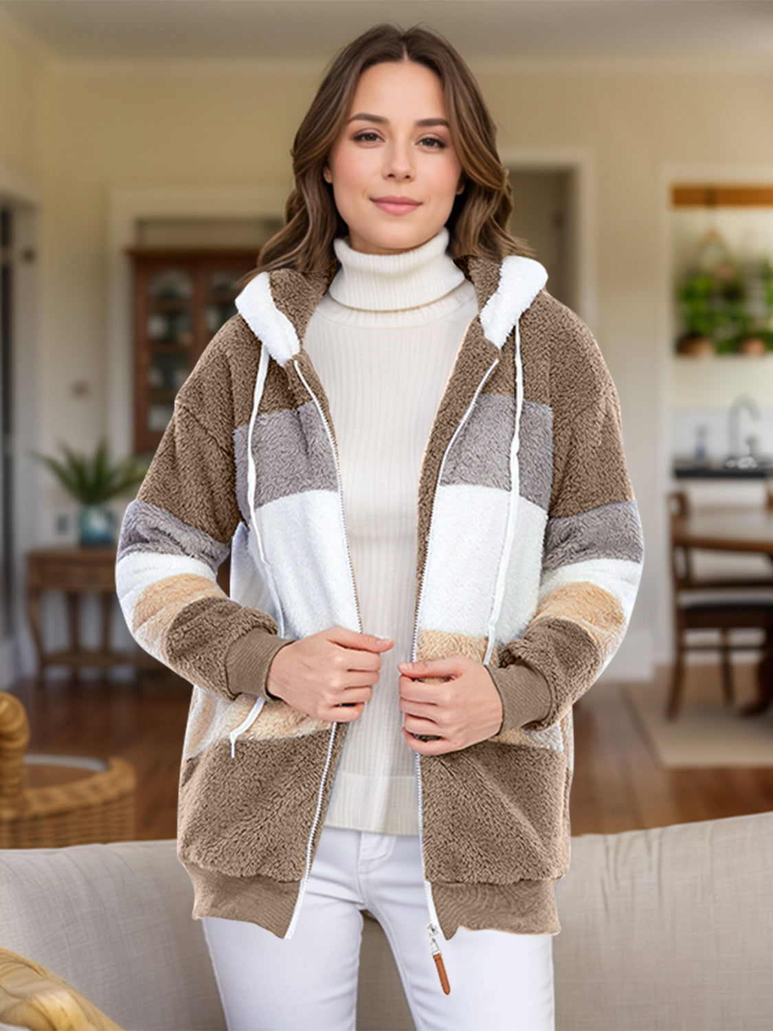 Full Size Drawstring Color Block Zip Up Hooded Outerwear-Angel Casuals