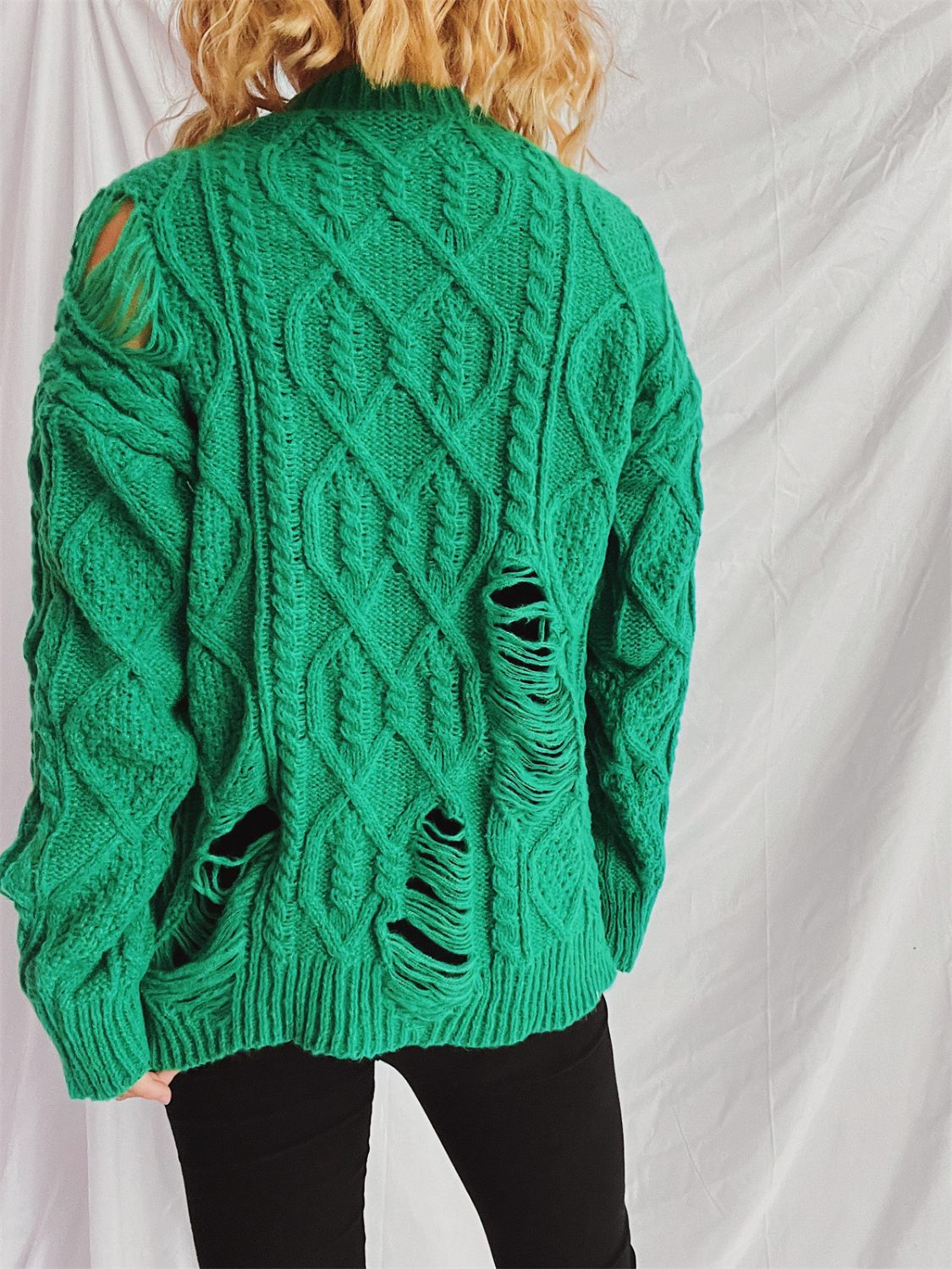 Distressed Cable-Knit Round Neck Long Sleeve Sweater-Angel Casuals