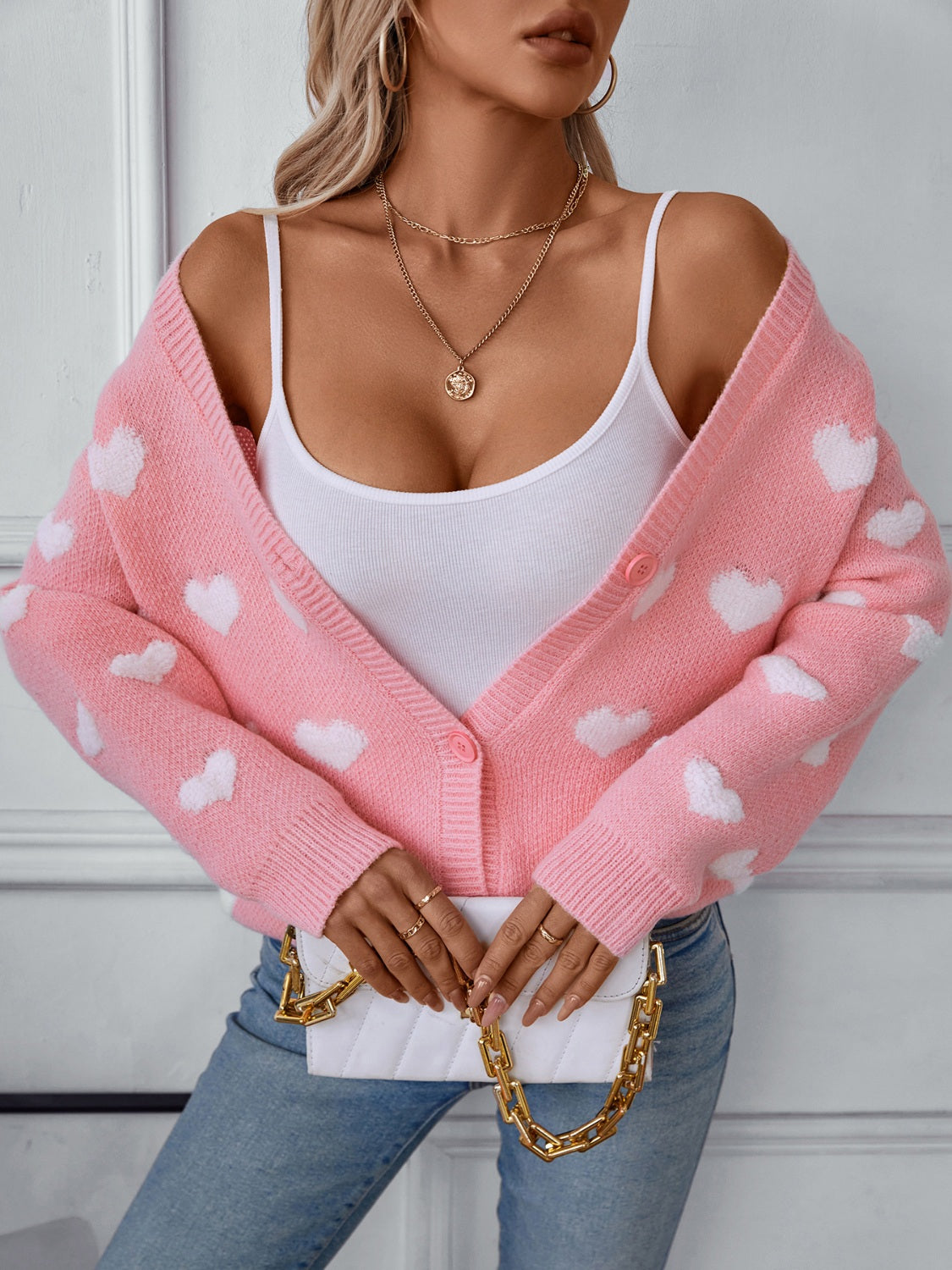 Heart V-Neck Button Up Long Sleeve Cardigan-Angel Casuals