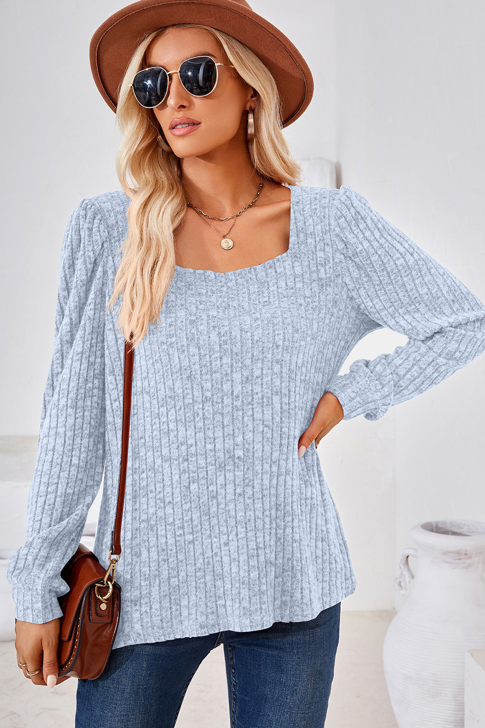 Ribbed Square Neck Long Sleeve T-Shirt-Angel Casuals