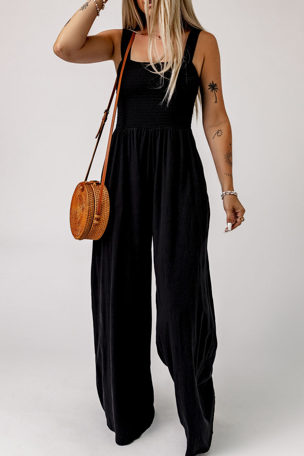 Smocked Square Neck Wide Leg Jumpsuit with Pockets-Angel Casuals