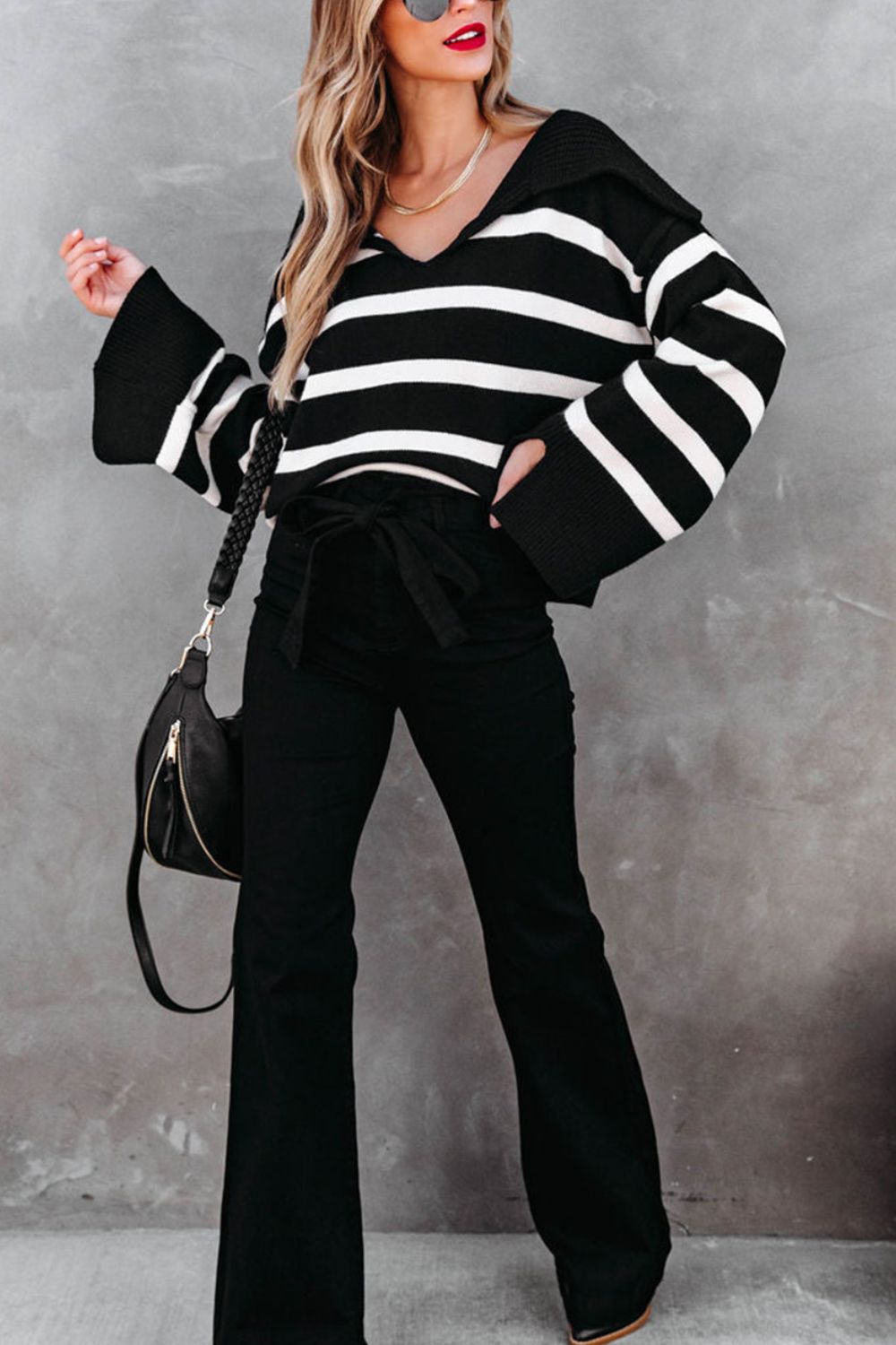 Striped Johnny Collar Long Sleeve Sweater-Angel Casuals