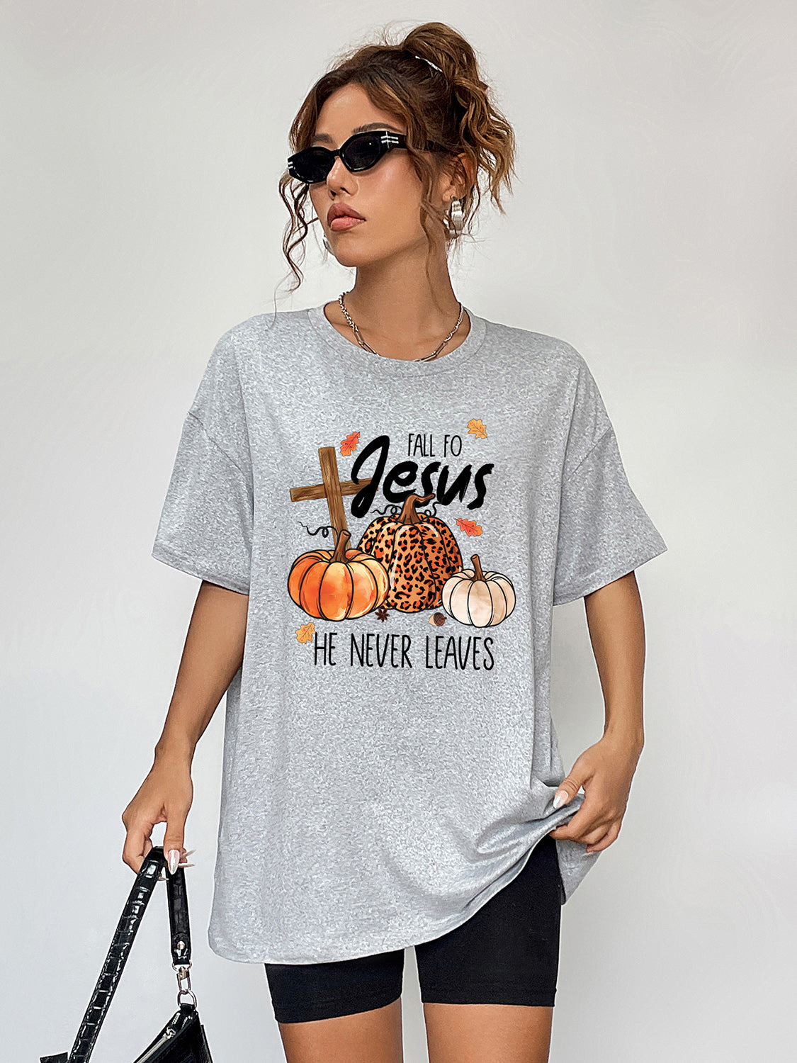 Round Neck Short Sleeve Fall Season Graphic T-Shirt-Angel Casuals