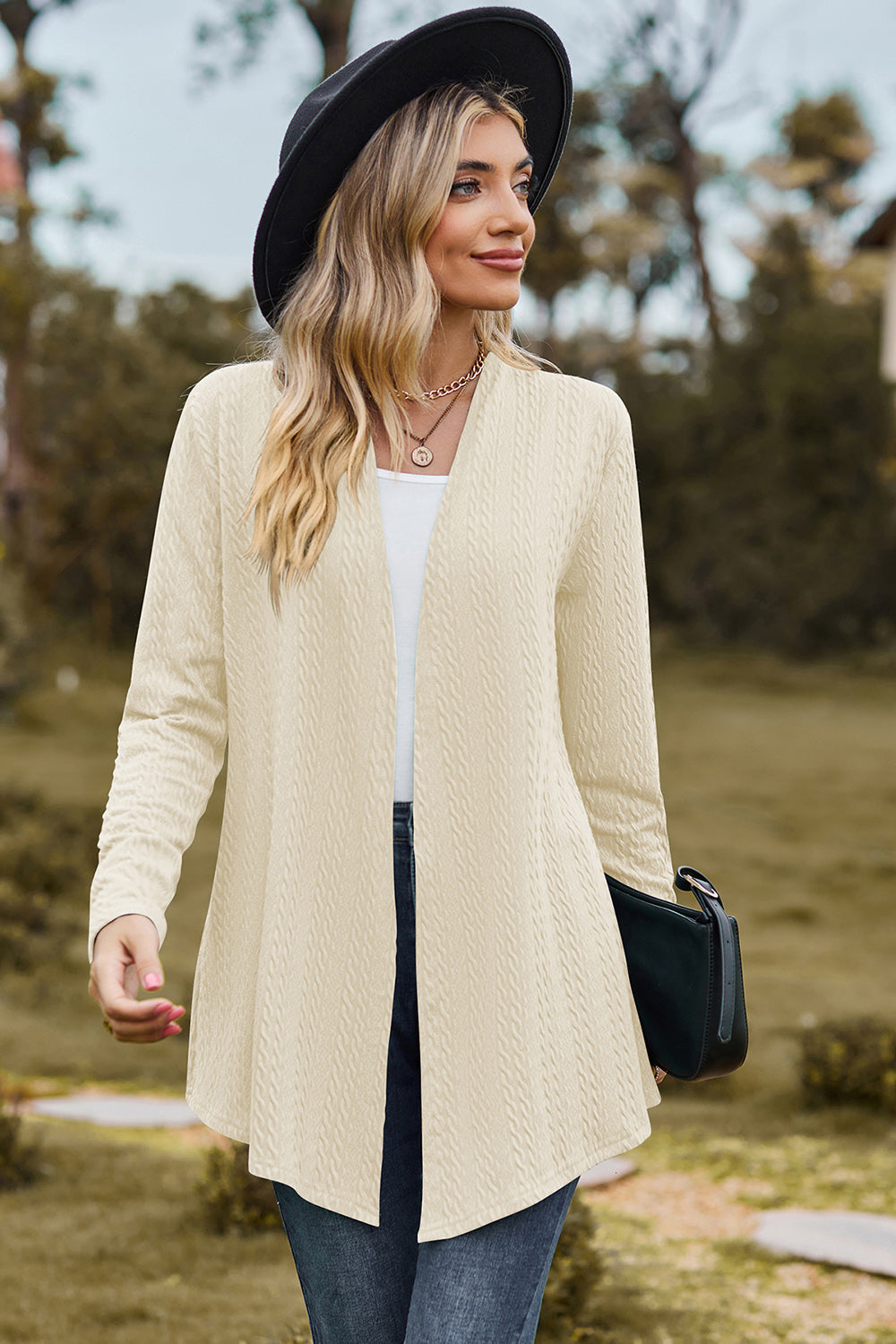 Textured Open Front Long Sleeve Cardigan-Angel Casuals