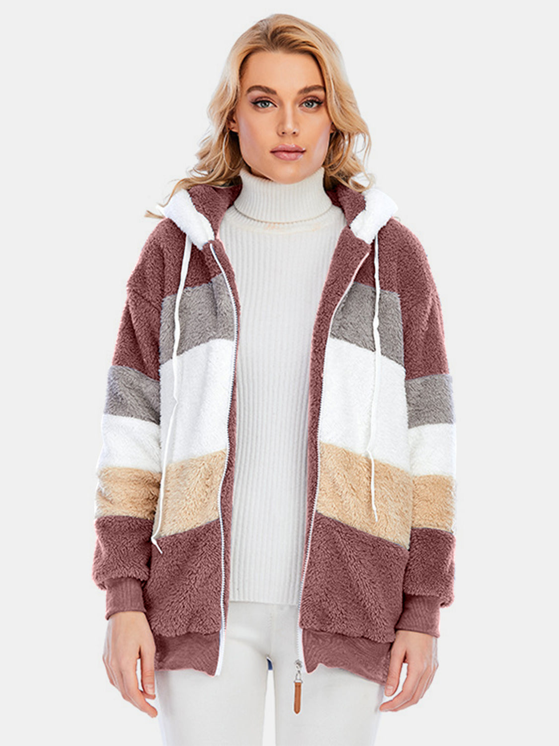 Full Size Drawstring Color Block Zip Up Hooded Outerwear-Angel Casuals