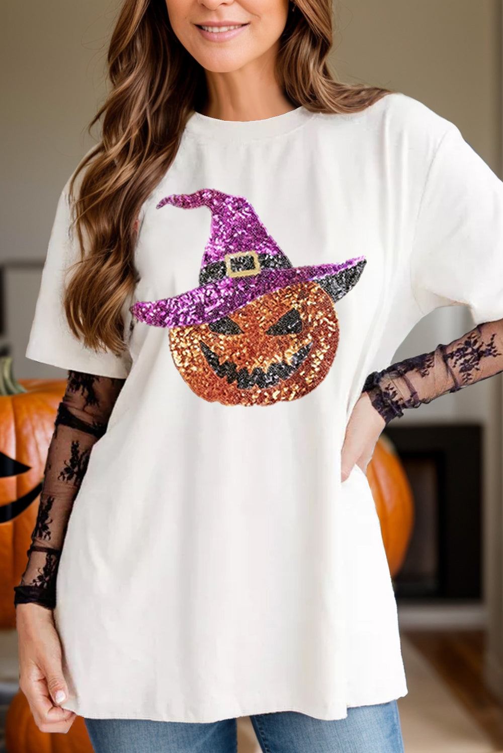 Sequin Pumpkin Round Neck Short Sleeve T-Shirt-Angel Casuals