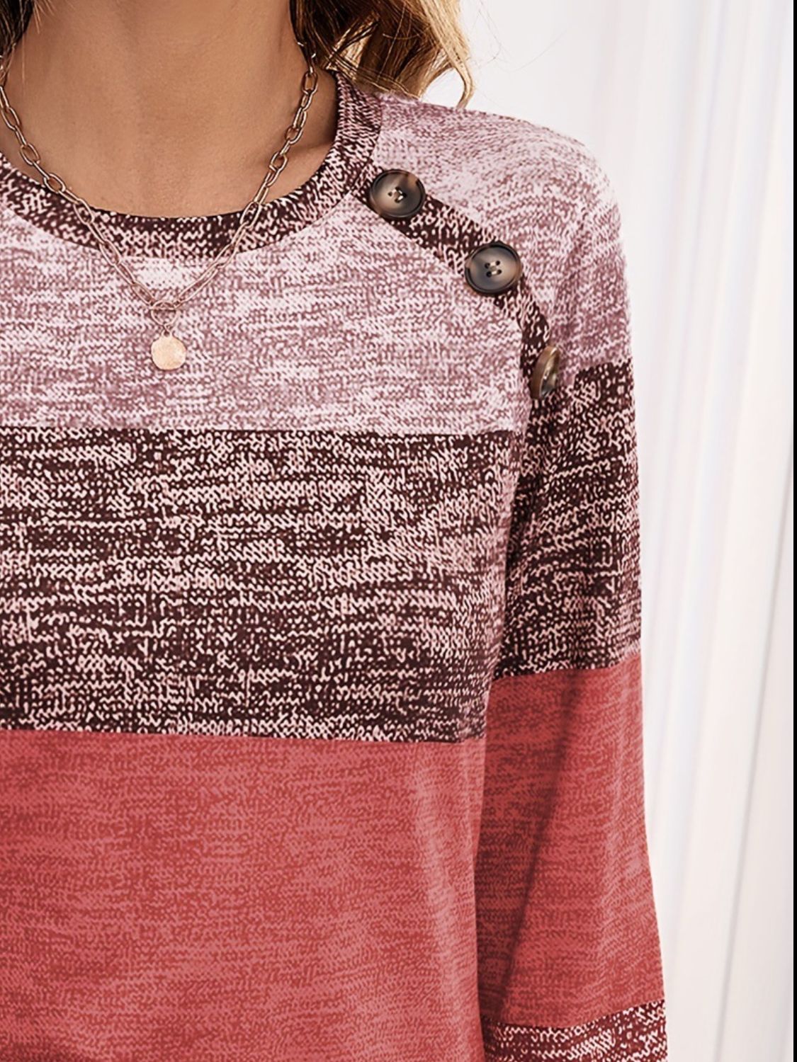 Decorative Button Contrast Round Neck Long Sleeve T-Shirt-Angel Casuals