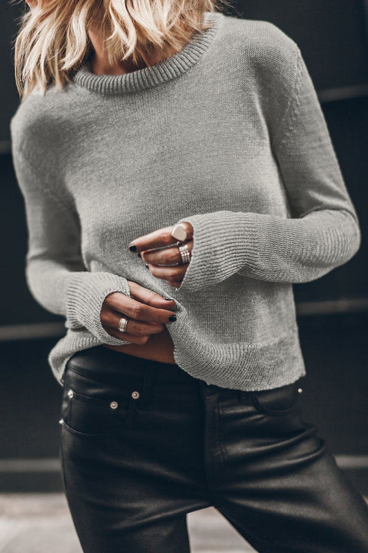 Ribbed Hem Round Neck Long Sleeve Sweater-Angel Casuals