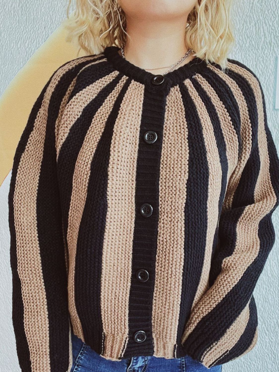 Contrast Stripes Button Down Long Sleeve Cardigan-Angel Casuals