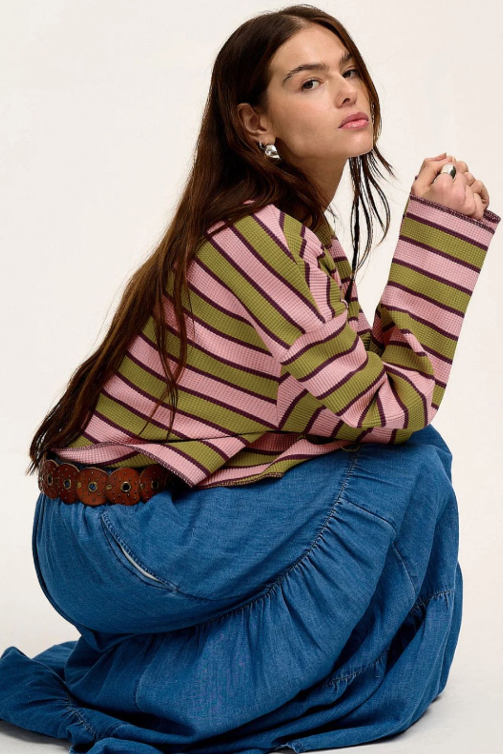 Striped Notched Long Sleeve T-Shirt-Angel Casuals