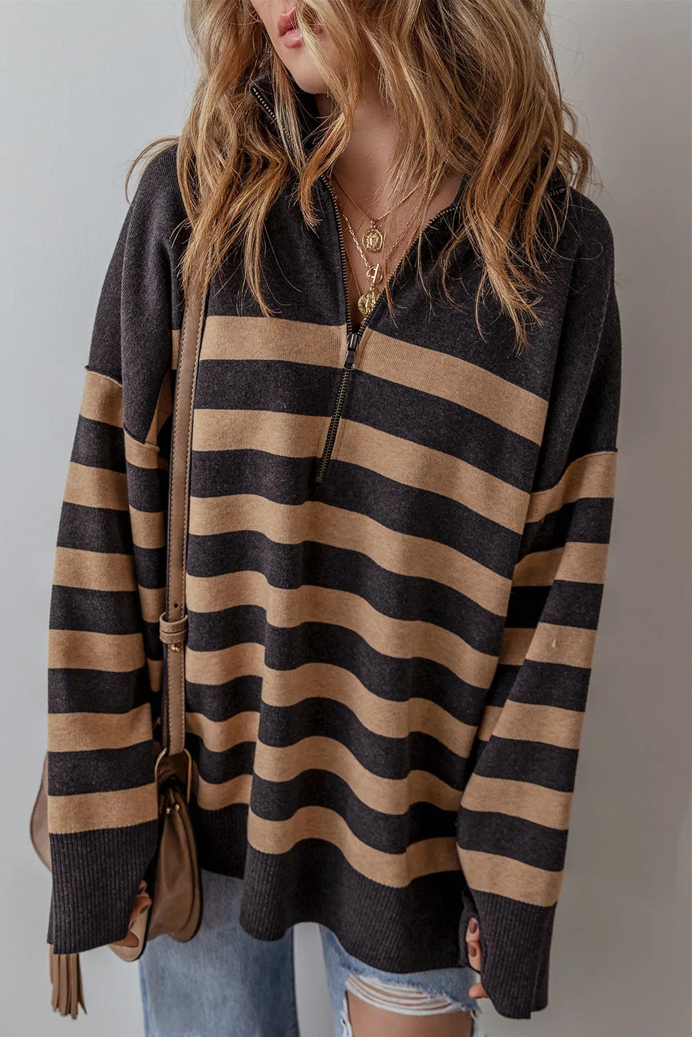 Striped Half Zip Long Sleeve Knit Top-Angel Casuals