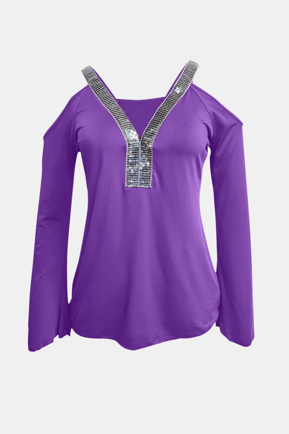 Sequin V-Neck Cold Shoulder Top-Angel Casuals