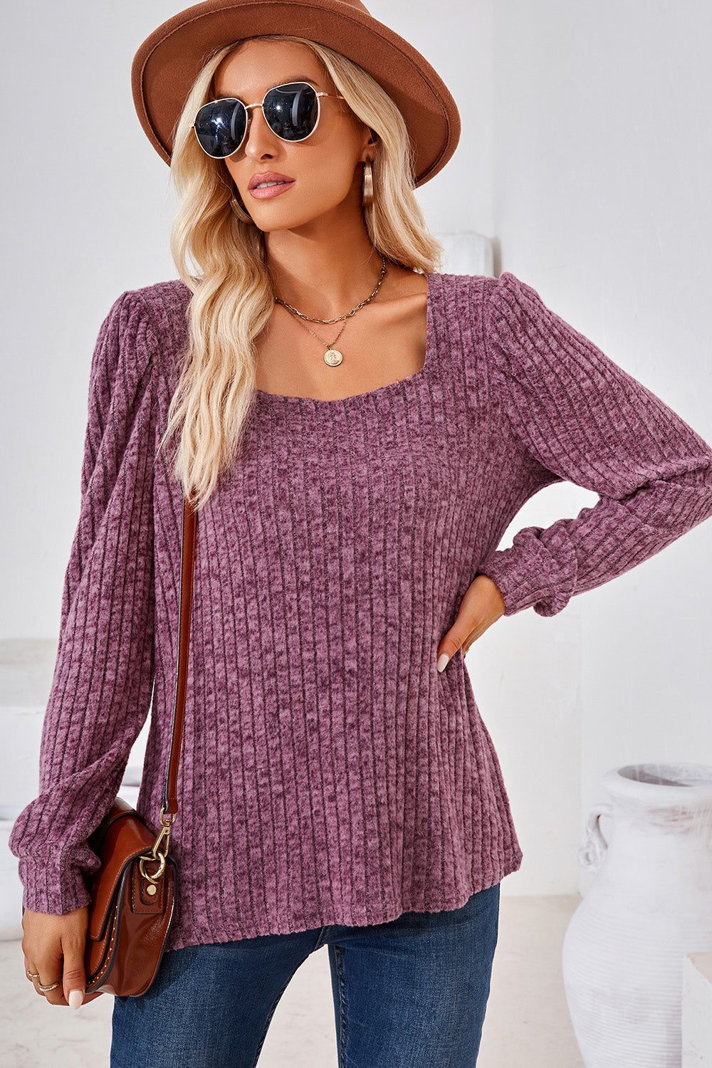 Ribbed Square Neck Long Sleeve T-Shirt-Angel Casuals