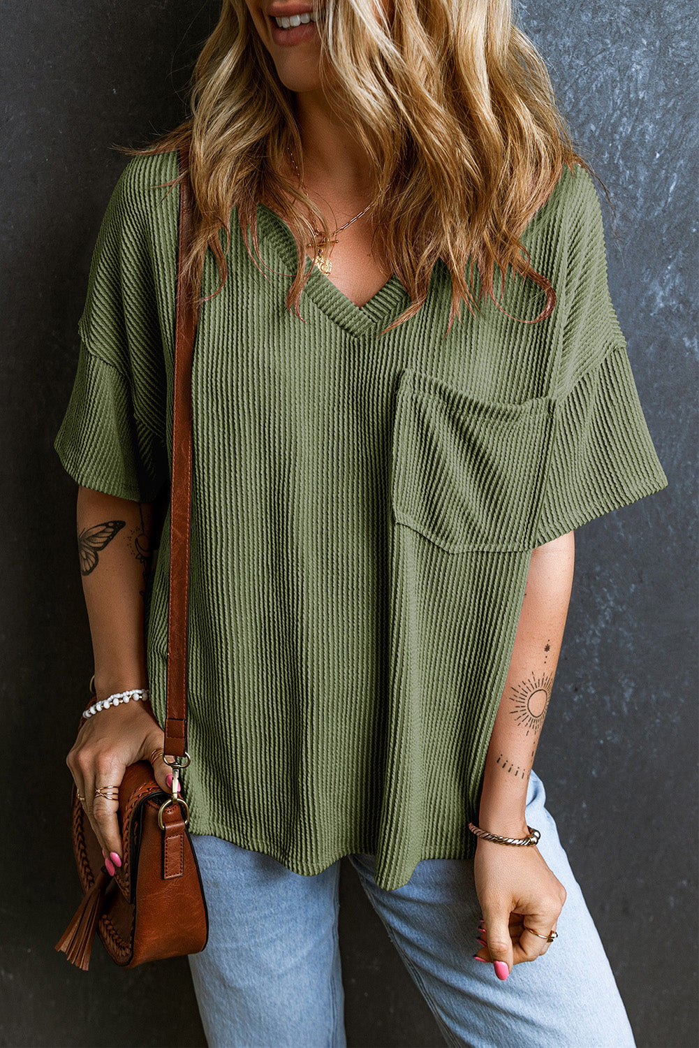 Textured V-Neck Dropped Shoulder T-Shirt-Angel Casuals
