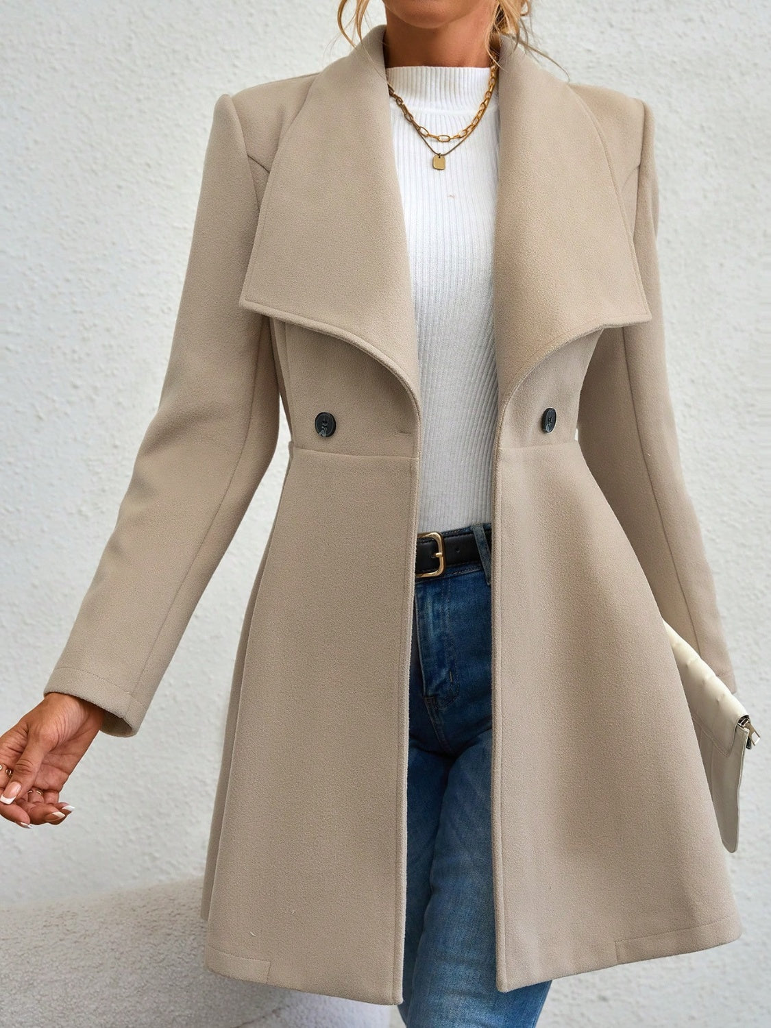Collared Neck Button Up Long Sleeve Coat-Angel Casuals