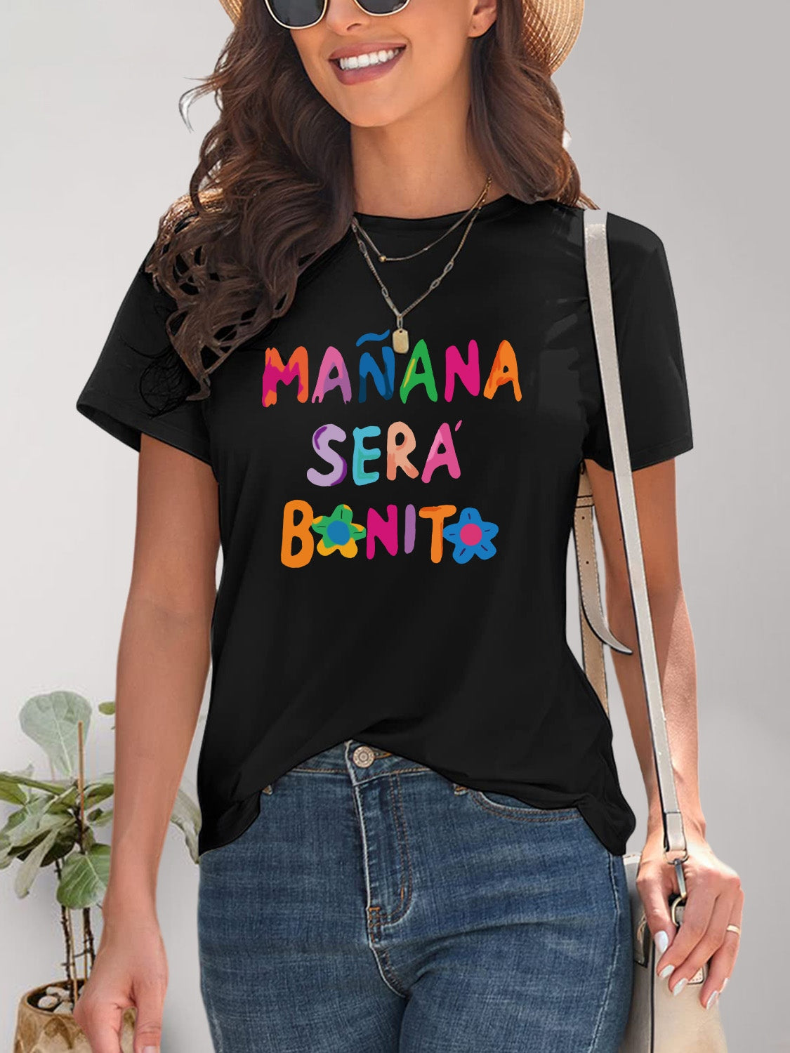 Letter Graphic Round Neck Short Sleeve T-Shirt-Angel Casuals