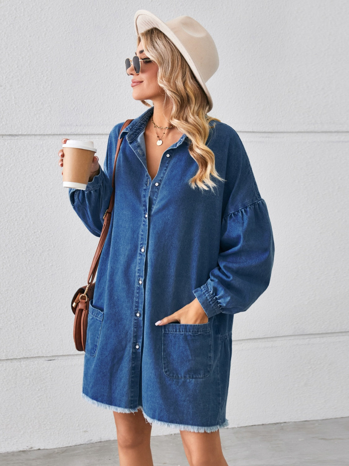 Button Up Pocketed Raw Hem Denim Dress-Angel Casuals