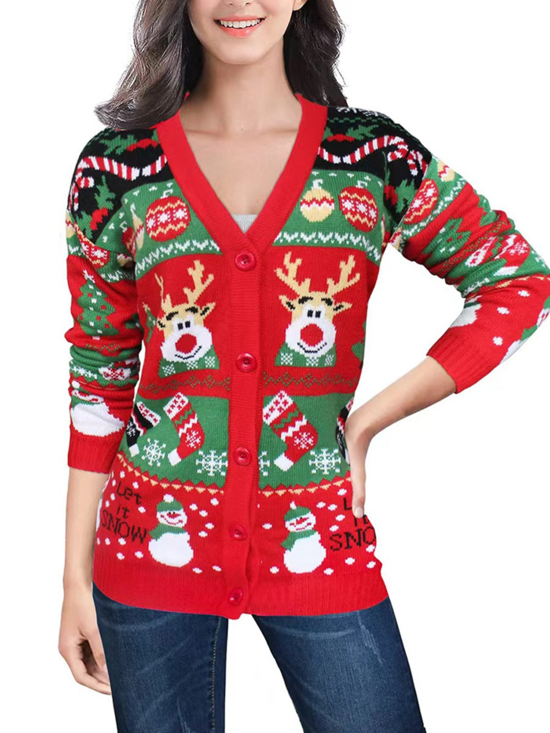 Reindeer Button Up Long Sleeve Cardigan-Angel Casuals