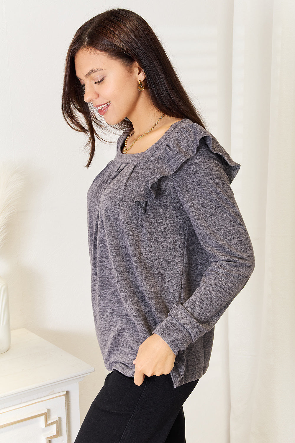 Double Take Square Neck Ruffle Shoulder Long Sleeve T-Shirt-Angel Casuals