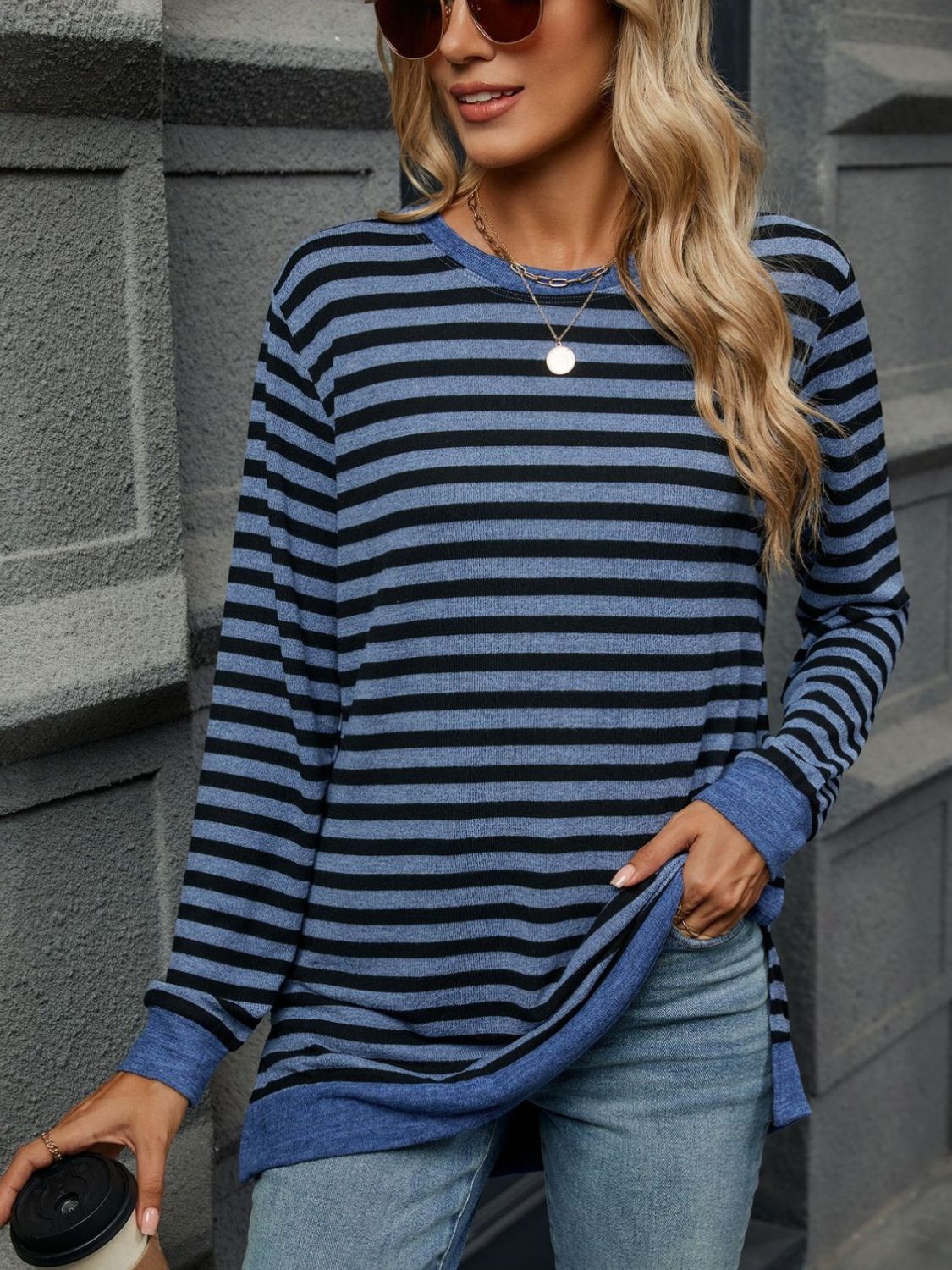Striped Round Neck Long Sleeve T-Shirt-Angel Casuals