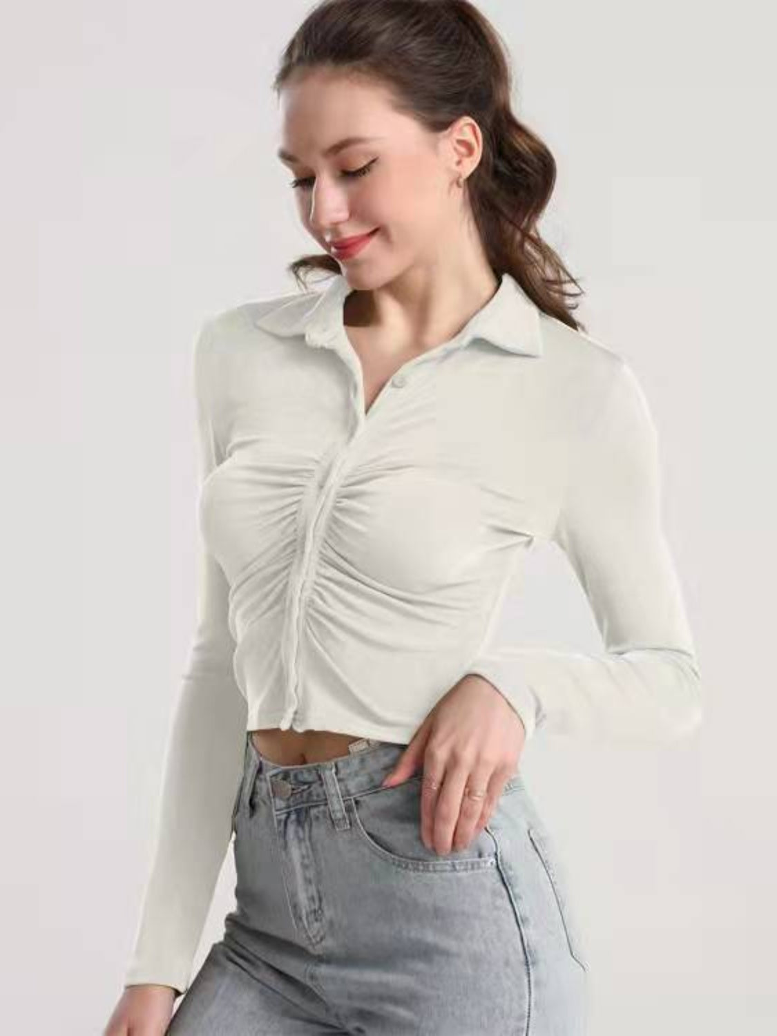 Ruched Button Up Long Sleeve T-Shirt-Angel Casuals