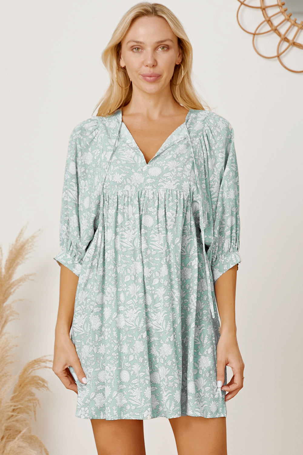 Floral Tie Neck Ruched Babydoll Dress-Angel Casuals