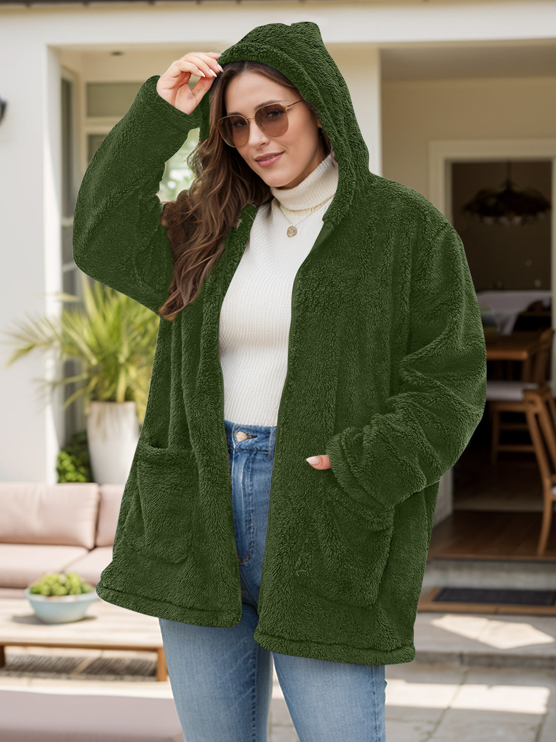 Plus Size Zip Up Long Sleeve Hooded Outerwear-Angel Casuals