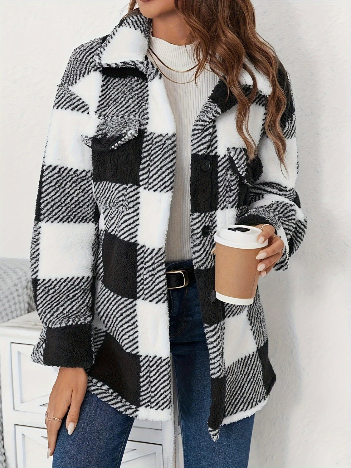Plaid Button Up Long Sleeve Fuzzy Outerwear-Angel Casuals