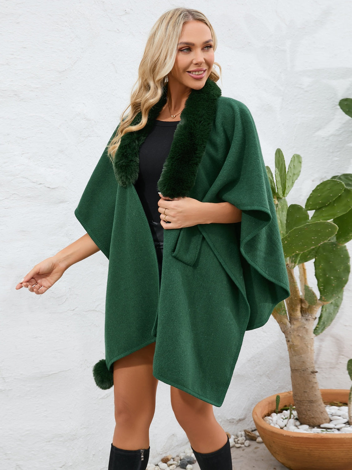 Fuzzy Trim Open Front Poncho-Angel Casuals
